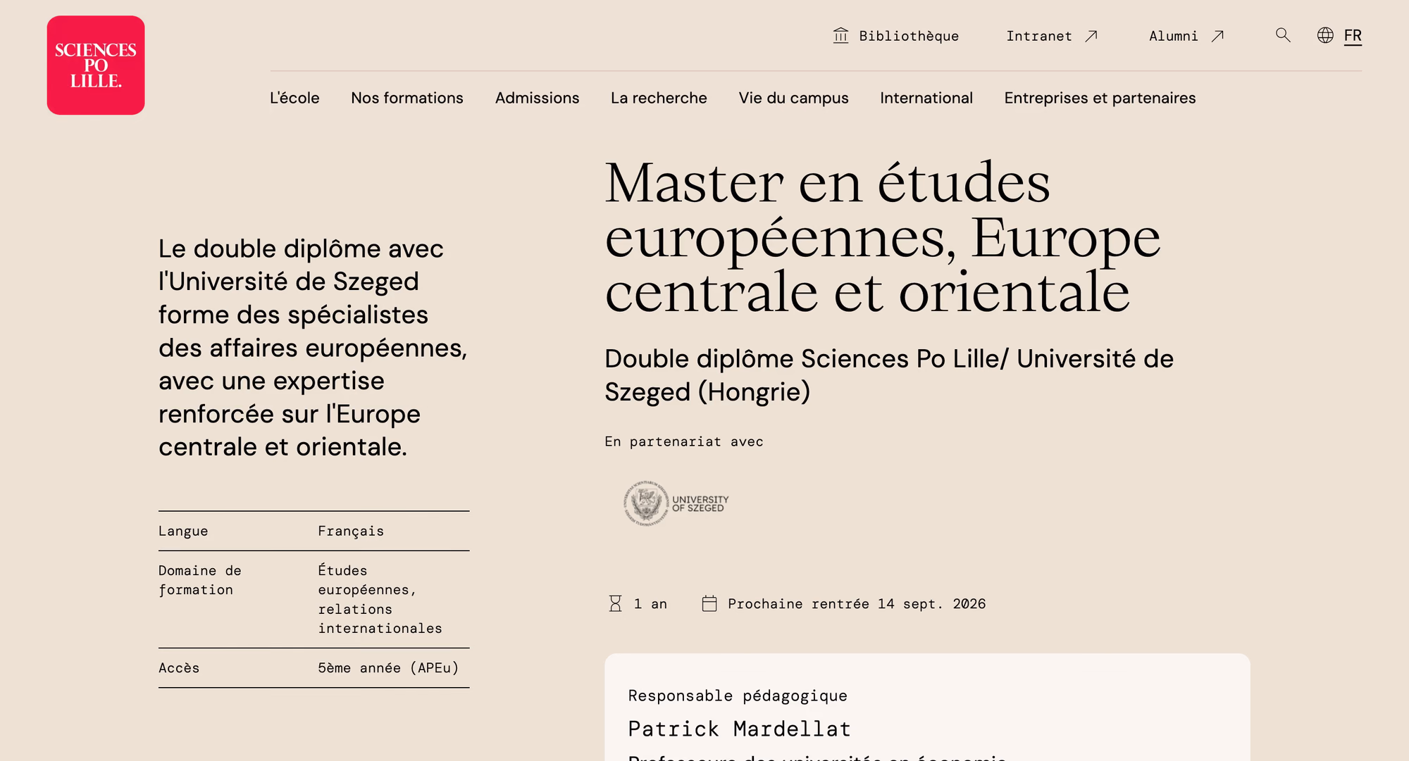 Fiche du master en études européennes de Sciences Po Lille