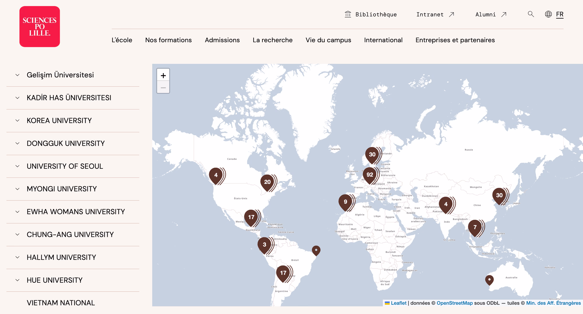 Carte des partenaires internationaux de Sciences Po Lille