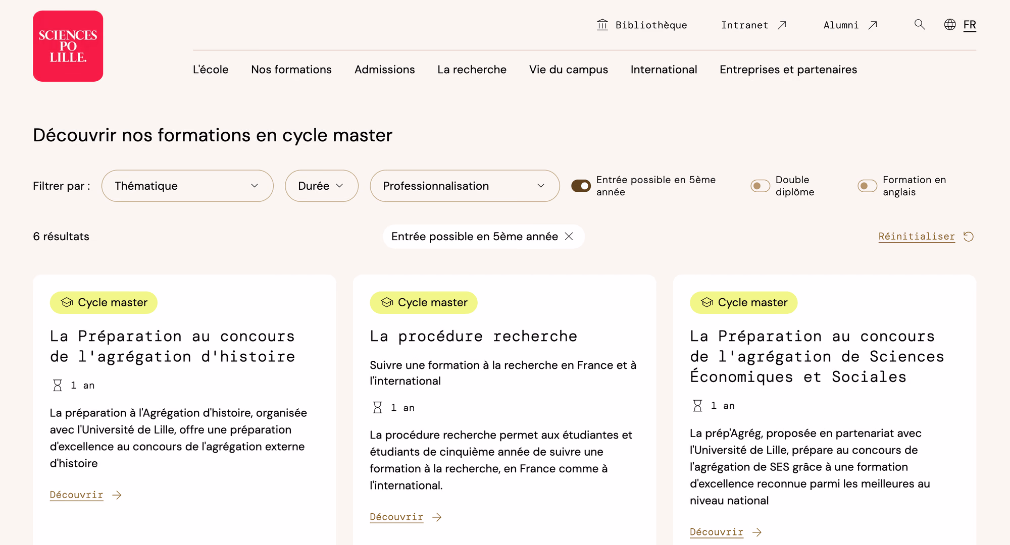 Formations en cycle master sur le site institutionnel de Sciences Po Lille